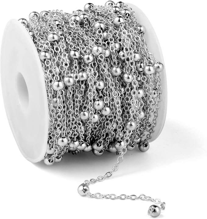 33 Feet Silver Satellite Bead Chains Bulk, 2mm Rhodium Plated Brass Ball Beaded Cable Link Chains Roll Spool for Jewelry Making