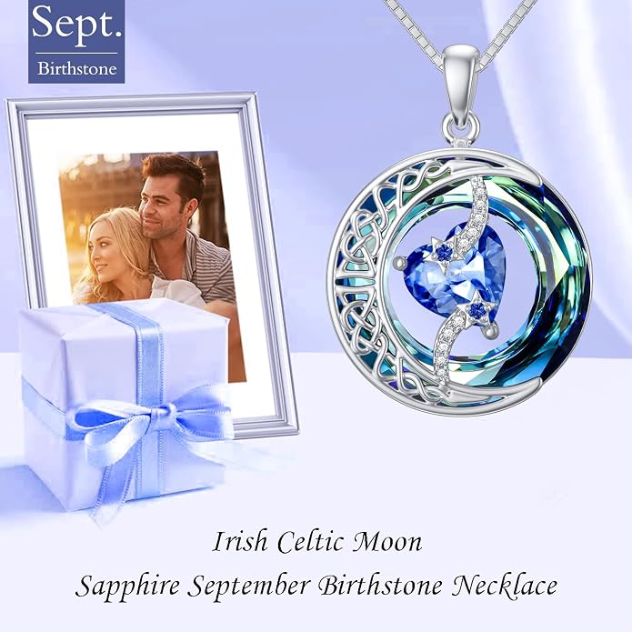 TOUPOP Birthstone Necklace 925 Sterling Silver Moon and Star Pendant Celtic Moon Jewelry with Blue Crystal Anniversary Birthday Gifts for Women Mom Wife Her