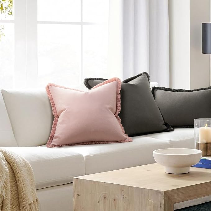 ZWJD Pillow Covers 24x24 Set of 2 Dusty Pink Throw Pillow Covers with Fringe Chic Cotton Decorative Pillows Square Cushion Covers for Sofa Couch Bed Living Room Farmhouse Boho Decor