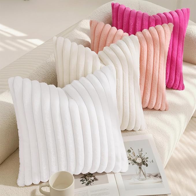 decorUhome Fall Faux Fur Throw Pillow Covers 16x16 Set of 2 Blush Pink | Decorative Soft Cozy Striped Plush Modern Farmhouse Boho Couch Pillow Cases Velvet Back for Sofa Bed Living Room Home Decor