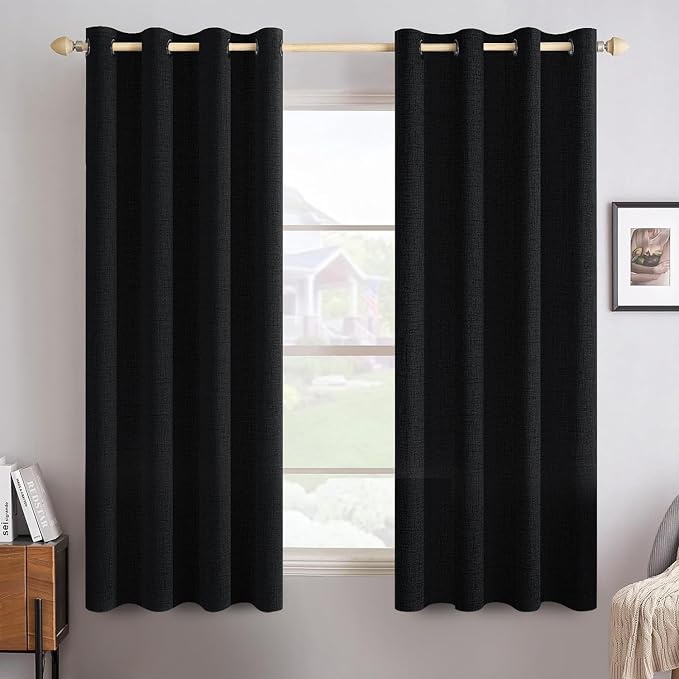 MIULEE Linen Texture Curtains for Bedroom Solid 100% Blackout Thermal Insulated Halloween Black Curtains Grommet Room Darkening Drapes for Living Room 52x63 Inch (2 Panels)