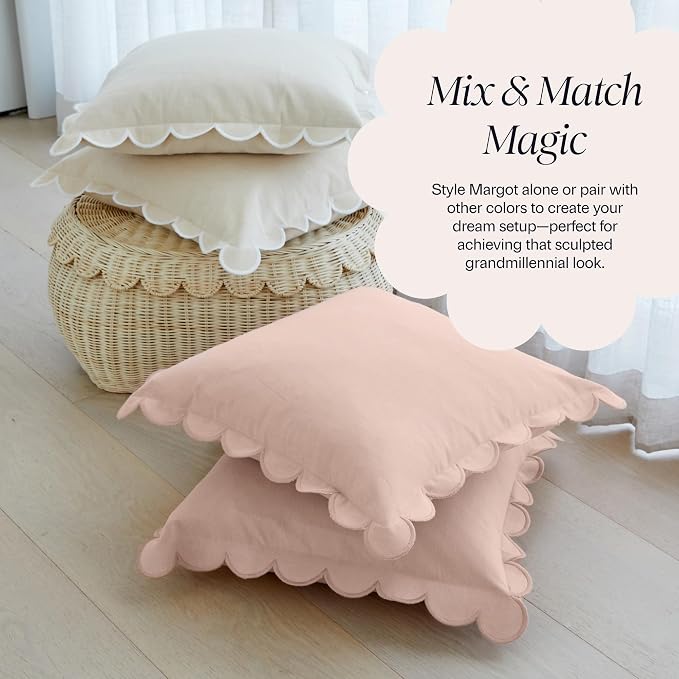 BEBE BASK Scalloped Pillow Cover - Set of 2 - 18 x 18 Inch - Scallop Pillow Cover Natural/White/Beige - 100% Cotton - Grandmillennial Style