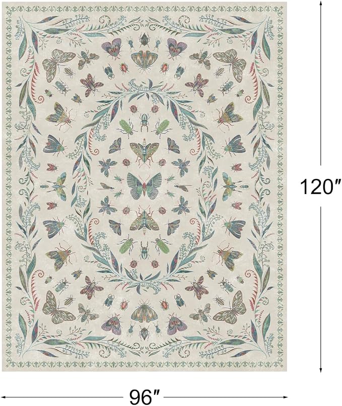 Light Green Butterfly Rugs for Girls Bedroom - 8x10 Floral Area Rug for Living Room, Dining Room Under Kitchen Table, Washable Lightweight Insect Print Large Carpet Indoor