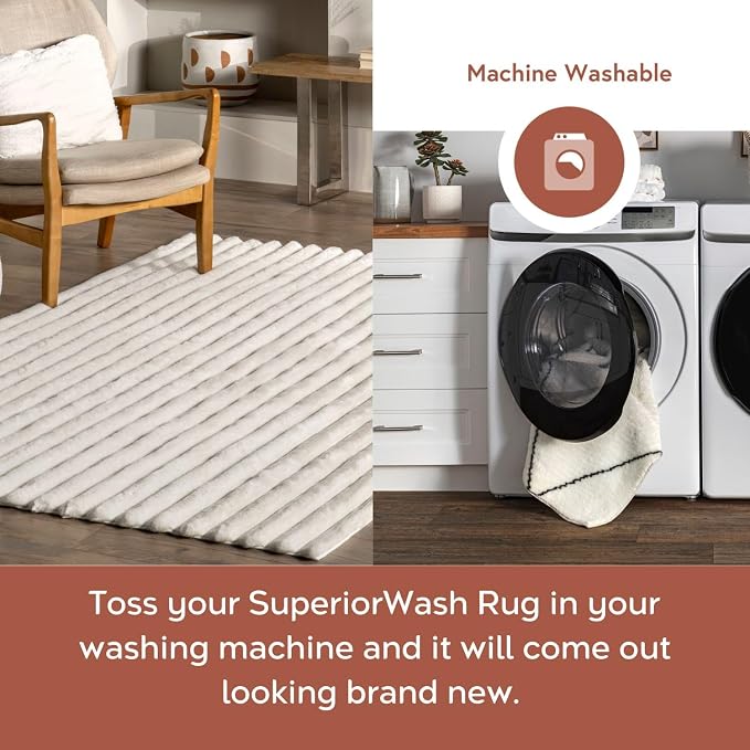 nuLOOM Kai Off White Striped Washable Area Rug, 8' x 10' | Nuloom Kai Striped 8' x 10' Machine Washable Area Rug for Living Room Bedroom Dining Room, Off White