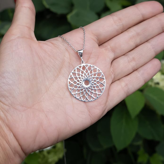Mandala Necklace Sterling Silver 925 - Sacred Geometry Circle Pendant with 19.7" Chain - Spiritual Esoteric Amulet - Boho Hippie Yoga Jewelry for Women Girls - Handmade