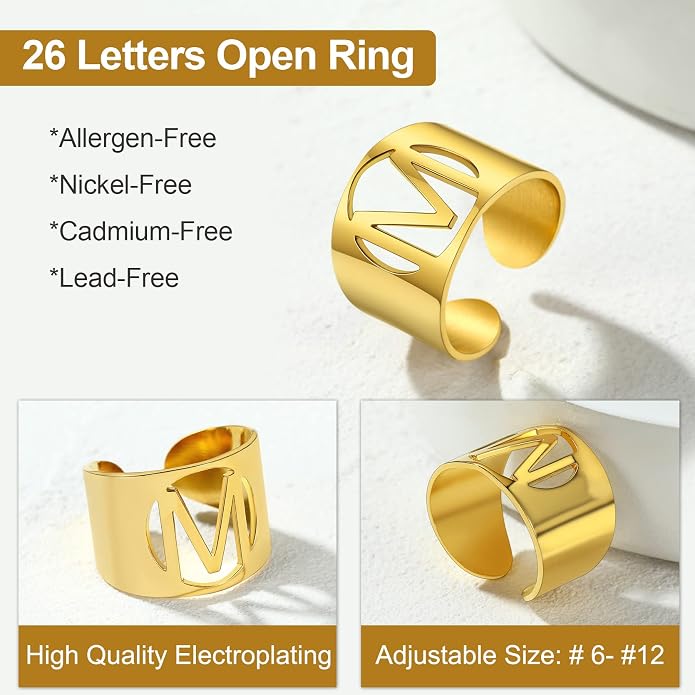 KeyStyle Bold Initial Letter Rings Adjustable, GoldChic Jewelry Women Gold Statement Ring Personalized Engraved Women’s Open Signet Ring for Party (Gold, White Gold, Black)