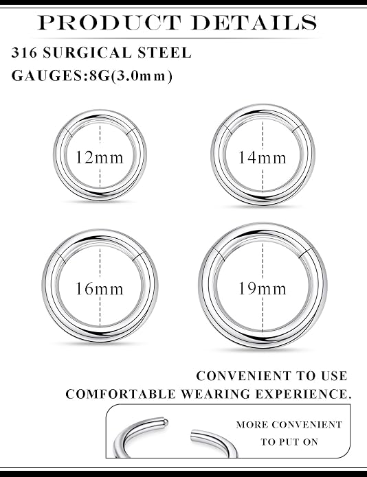 20G 18G 16G 14G 12G 10G 8G 6G Nose Rings Hoops 316l Surgical Steel Clicker Septum Lip Ring Tragus Helix Daith Rook Conch Snug Cartilage Lobe Earrings Hoop Piercing Jewelry For Women Men