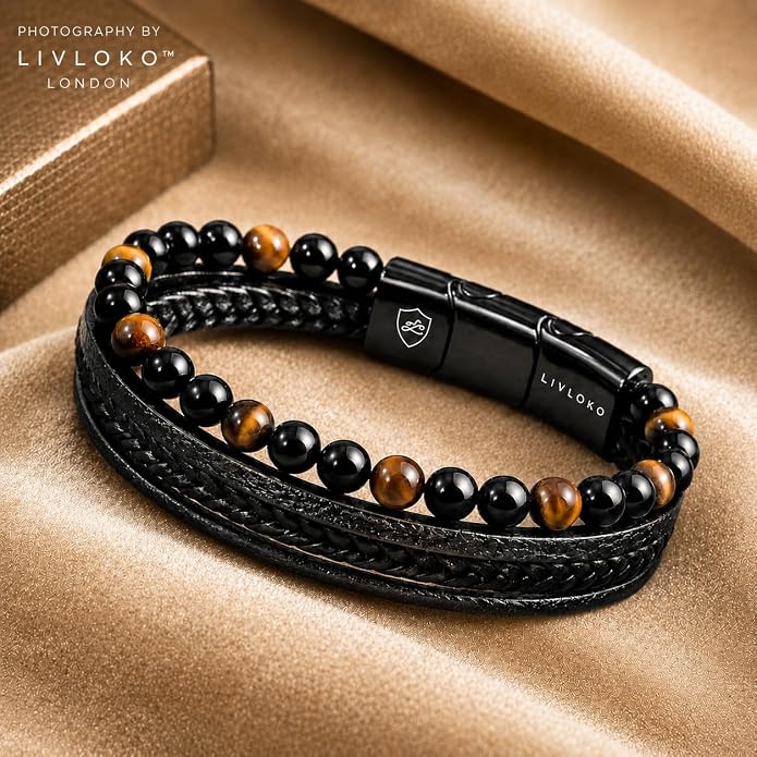 LONDON Mens Bracelet Leather Black Multi-Layer Stone Beads Adjustable Steel Clasp Viking Rope Bands Surfer Man Wristband Male UK Jewellery Gift box Boyfriend Dad Son Brother Tiger Eye