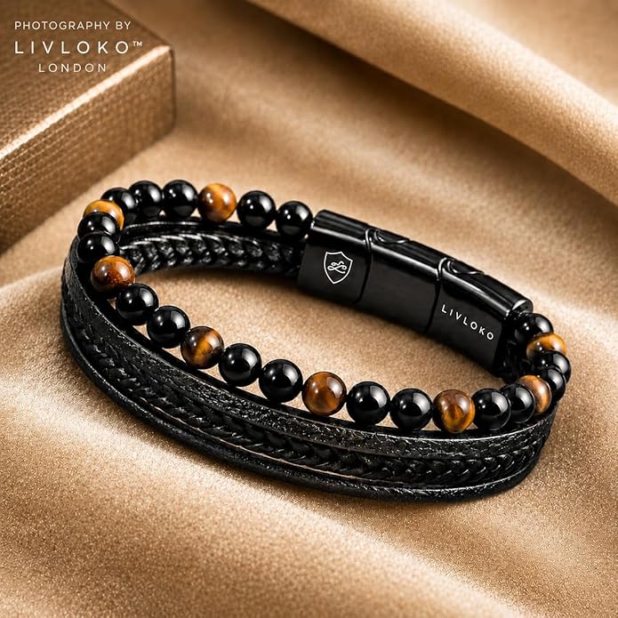 LONDON Mens Bracelet Leather Black Multi-Layer Stone Beads Adjustable Steel Clasp Viking Rope Bands Surfer Man Wristband Male UK Jewellery Gift box Boyfriend Dad Son Brother Tiger Eye