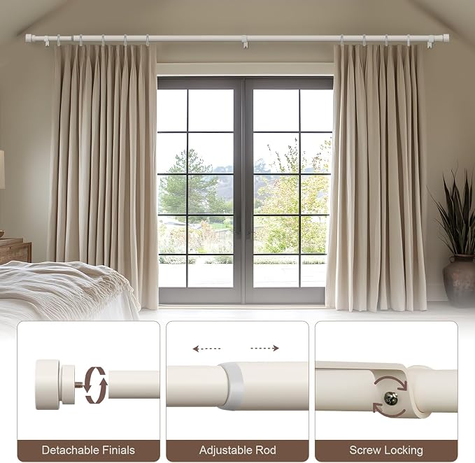 Lootkell Modern White Curtain Rods for Windows 48 to 84 Inches Adjustable Length Heavy Duty 1" Diameter Window Curtain Rod with Decorative Finials for Outdoor Farmhouse Bedroom Kitchen Living Room