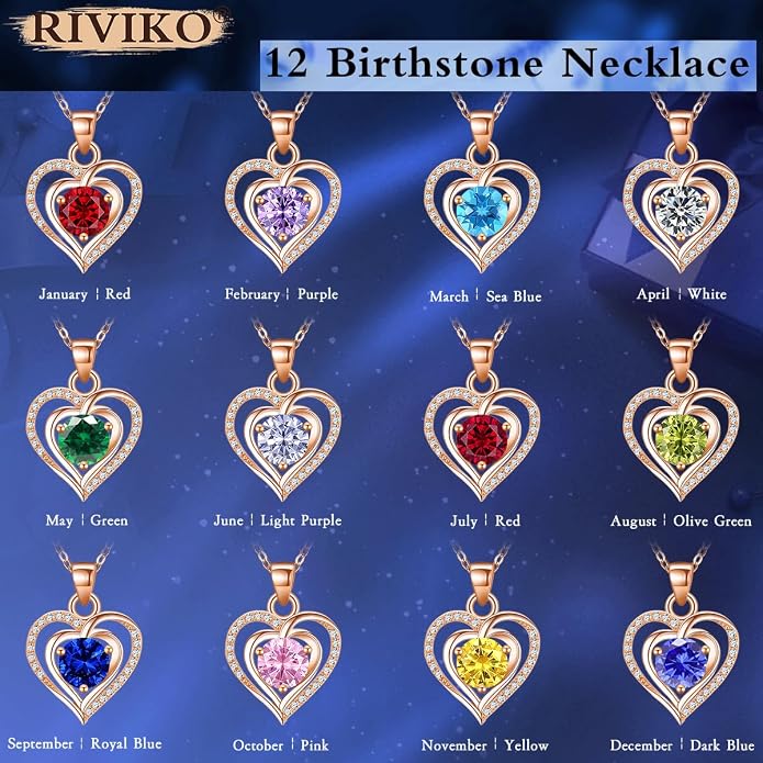 RIVIKO Heart Birthstone Pendant Necklace for Women 925 Sterling Silver Zirconia Necklaces Valentine's Day Anniversary Birthday Mothers Day Jewelry Gifts For Her Mother Wife
