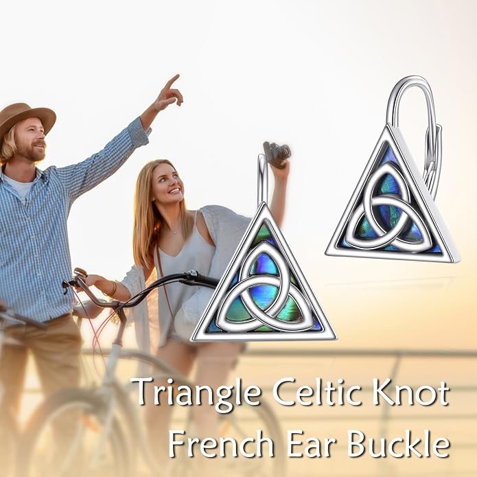 Celtic Trinity Knot Earrings for Women 925 Sterling Silver Triangle Celtic Leverback Abalone Shell Irish Jewelry Gift