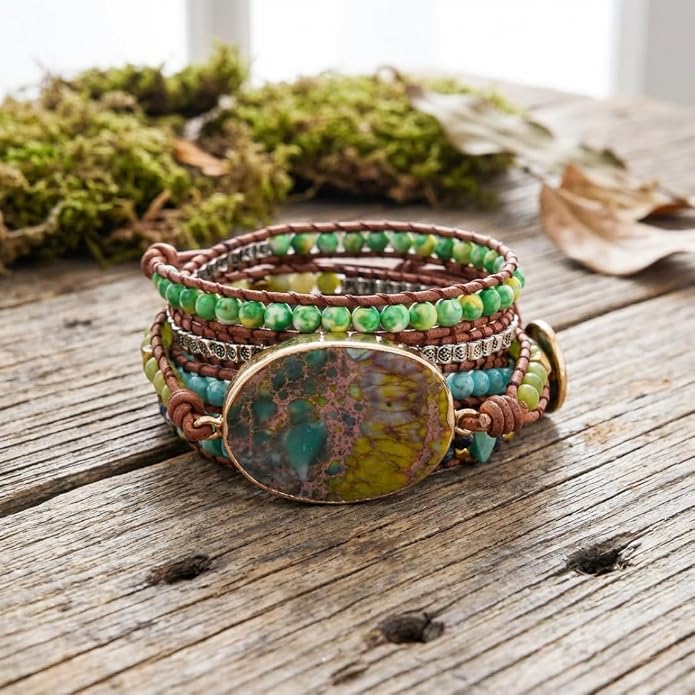 YGLINE Bohemian Handmade Bracelet Adjustable Natural Stone Jasper Bangle Leather Bracelet for Women – Wide Wrap Wrist Statement Jewelry