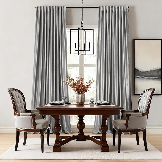 100% Full Blackout Silver Grey Velvet Curtains 84 inch Long for Living Room,Set of 2 Panels Liner Rod Pocket Back Tab Thermal Window Curtains Room Darkening Heavy Decorative Drapes for Bedroom