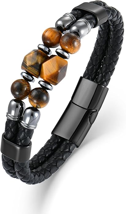 Mens Turquoise/Lapis Lazuli/Tiger Eye/Black Agate/Obsidian Leather Braided Bracelets for Father's Day/Birthdays/Graduation Jewelry Wristband Cuff Bracelet with Stainless Steel Clasp