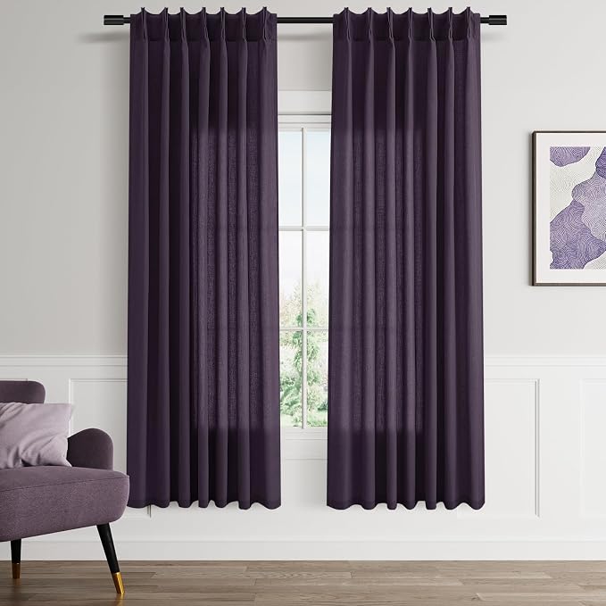 Aersas Plum Pinch Pleated Linen Curtains 72 Inch Length 2 Panels for Living Room Bedroom Semi Sheer Window Curtain Boho Neutral Back Tab Pinch Pleat Drape with Hooks 40x72