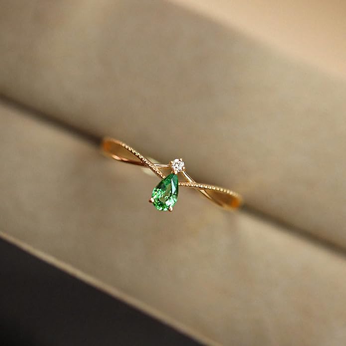 925 Sterling Silver Birthstone Ring for Women Non Tarnish Stackable Ring 14K Gold Plated Pear Teardrop Green Cubic Zirconia Crown V Engagement Promise Rings Wedding Graduation Jewelry Gifts
