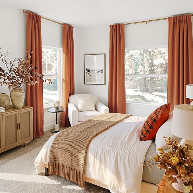 INOVADAY 100% Blackout Curtains 108 Inches Length 2 Panels Set, Back Tab/Rod Pocket Linen Black Out Curtains for Bedroom, Thermal Insulated Window Drapes - Burnt Orange, W50 X L108
