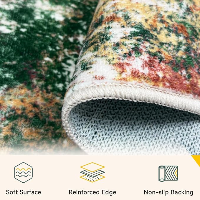 RELEANY Washable Area Rugs 10'x14 Non-Slip Modern Abstract Soft for Living Room Entryway Bedroom Kitchen, Print Pattern, Green Orange Rust Red Cream Colorful