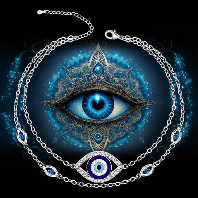 Evil Eye Anklet Sterling Silver Infinity Lotus Flower Evil Eye Anklets for Women Ankle Bracelets Turkish Blue Eyes Protection Chain Jewelry