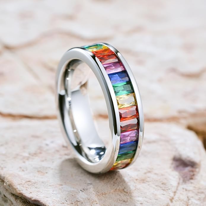 King Will 6mm 316L Stainless Steel Eternity Ring for Women, Colorful Baguette-Cut Cubic Zirconia Stackable Band, Pipe Cut Anniversary Engagement Ring Comfort Fit, Size 6-10
