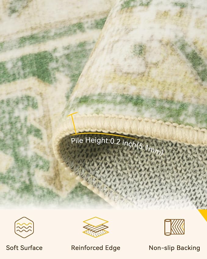 RELEANY Area Rugs Large 10'x12' Washable Non-Slip, Floral Vintage Distress Medallion Carpet for Living Room Bedroom Dining Room, Sage Green Yellow