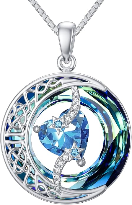 TOUPOP Birthstone Necklace 925 Sterling Silver Moon and Star Pendant Celtic Moon Jewelry with Blue Crystal Anniversary Birthday Gifts for Women Mom Wife Her
