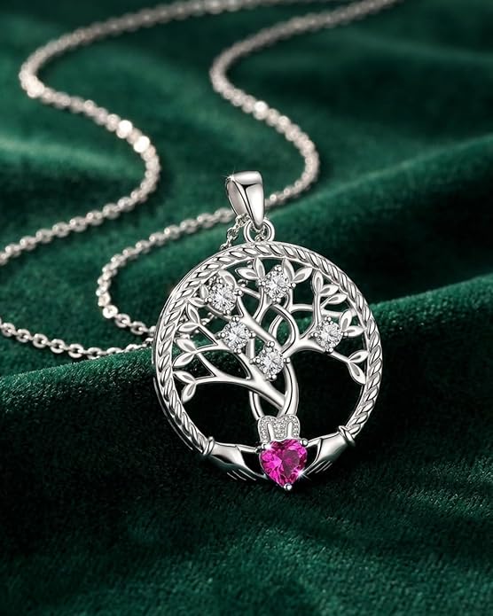 Birthstone Tree of Life Necklace for Women, 925 Sterling Silver Family Tree Pendant, Dainty Jewelry Birthday Mother's Day Valentine's Day Gifts for Her Mom Wife, 18"+2" Adjustable
