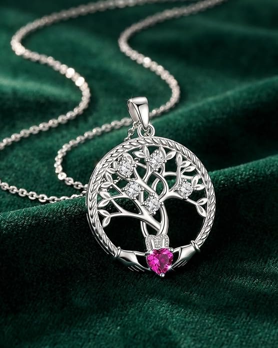 Birthstone Tree of Life Necklace for Women, 925 Sterling Silver Family Tree Pendant, Dainty Jewelry Birthday Mother's Day Valentine's Day Gifts for Her Mom Wife, 18"+2" Adjustable