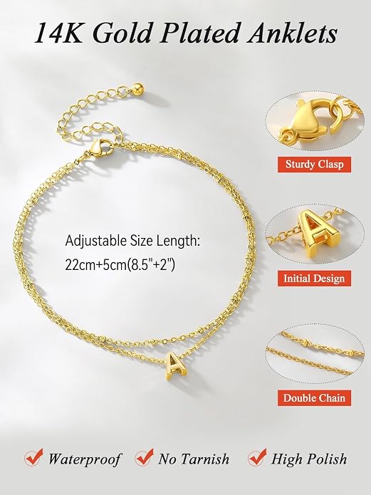 FaithHeart Initial Ankle Bracelets for Women, Waterproof 14k Gold Plated Initial Anklets Non Tarnish Stainless Steel Cute Layered Anklet Summer Beach Jewelry