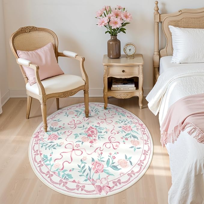Collive Pink Bow Round Rugs for Girls, 4ft Floral Washable Circle Rug for Bedroom, Cute Ultra-Thin Non Slip Indoor Decor Carpet for Nursery Kids Room Playroom Living Room