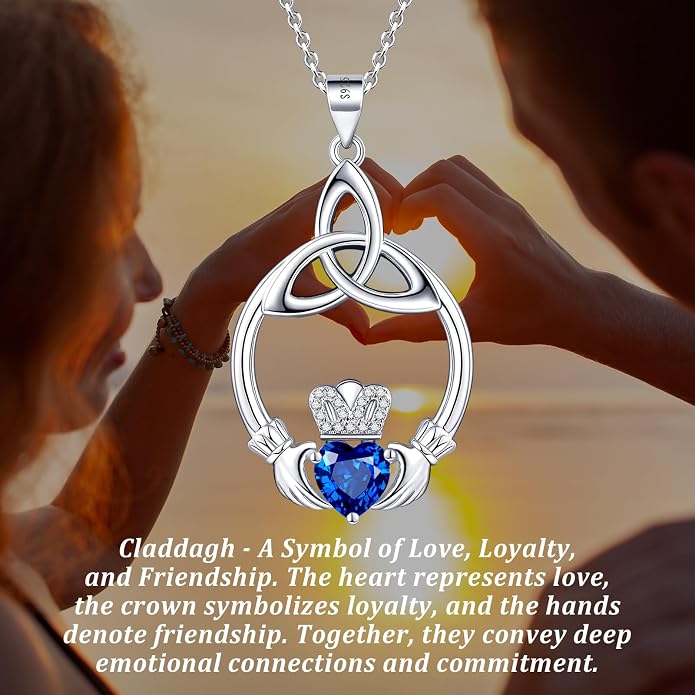 Gift Birthstone Necklaces for Women 925 Sterling Silver Irish Claddagh Necklace for Women Heart Birthstone Pendant Necklace Anniversary Birthday Gifts for Wife Lady Cable Chain 18"+2"