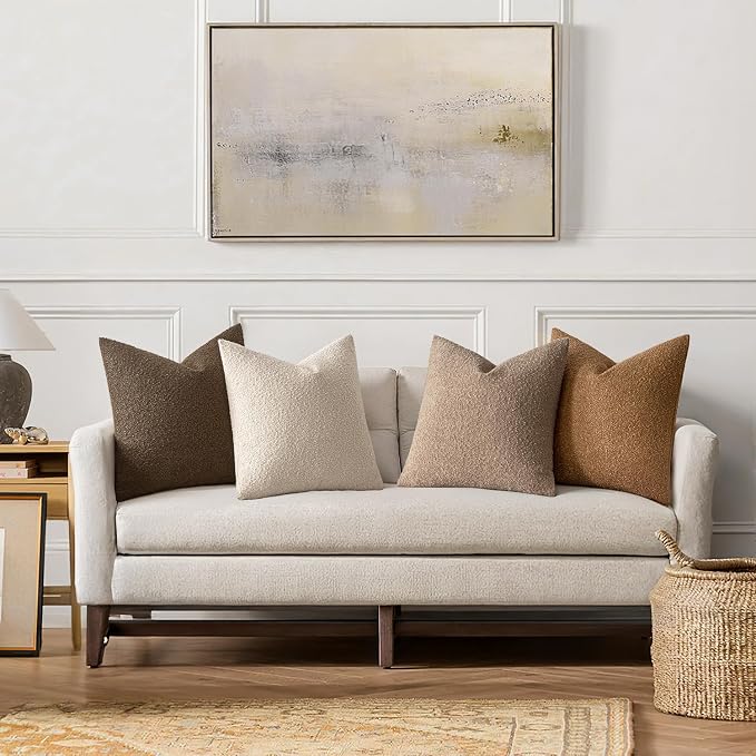 MIULEE Fall Euro Decorative Boucle Throw Pillow Covers 22x22 Brown Set of 4 | Shams Neutral Textured Accent Pillow Cases Couch Cushion Covers Modern Farmhouse Boho Sofa Bed Room Home Decor