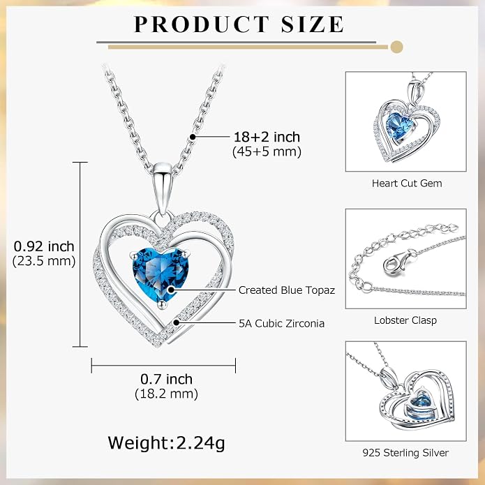Anniversary Charm Necklace, Sterling Silver 14K Gold Plated Chain with Interlocking Heart Pendant Elegant Birthstone Necklaces for Women, Length 18"