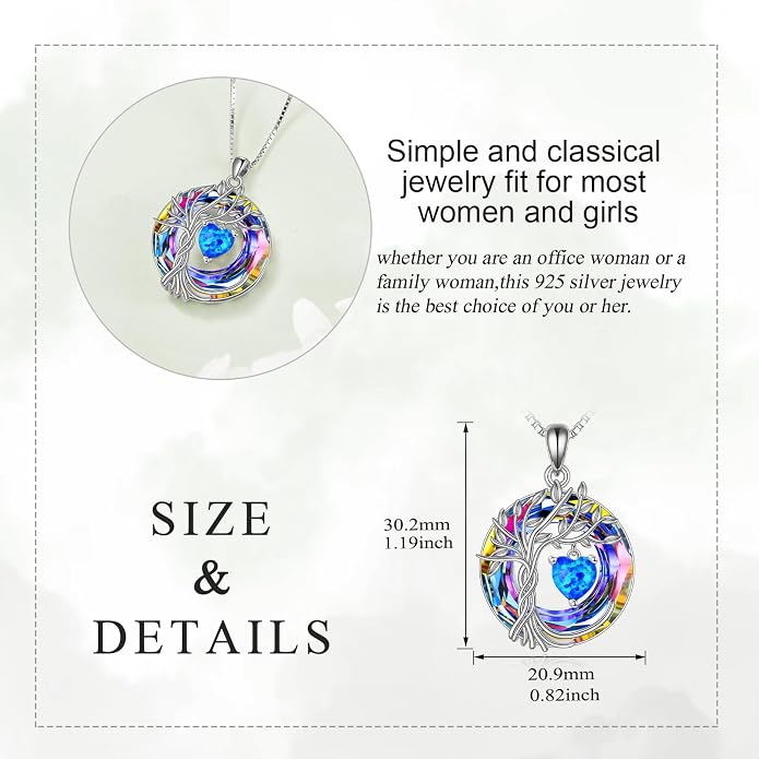 POPLYKE Mothers Day Gifts for Mom Her Wife Tree of Life Necklace 925 Sterling Silver Birthstone Pendant with Crystal Anniversary Birthday Wedding Jewelry for Women