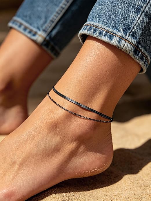 U7 Silver/Gold Ankle Bracelets for Women Layered Chain Anklets Stainless Steel Waterproof Summer Beach Anklet Cham, Adjustable 8.5"-10.5"