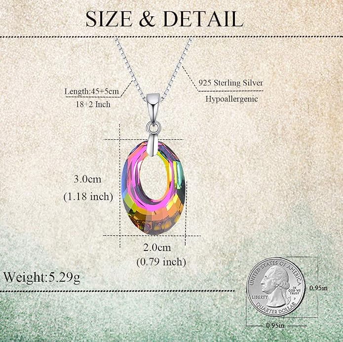 H ermosa 925 Sterling Silver Necklace for Women Austria Crystals Oval Shape Pendant Necklace Hypoallergenic Jewelry Gift Birthday Gift (A Rainbow Crystal Necklace)