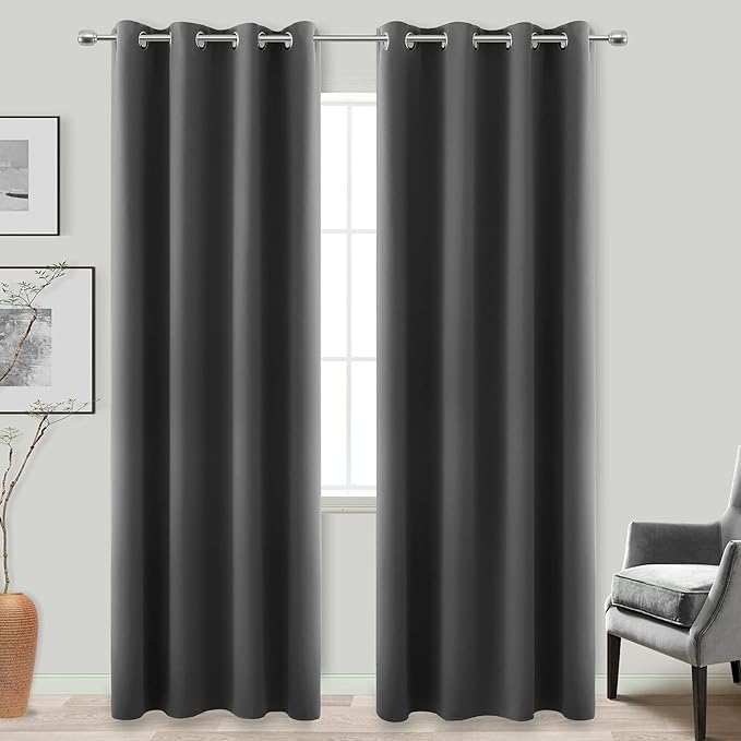 KOUFALL Blackout Curtains for Living Room 86 Inches Long,Window Treatments Curtain Set of 2 Panels,Dark Grey