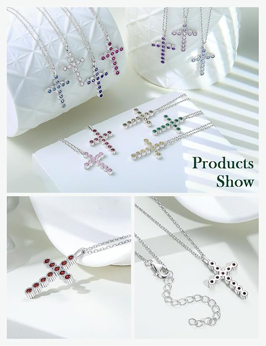 Sterling Silver Cross Necklace for Women Birthstone Religious Jewelry