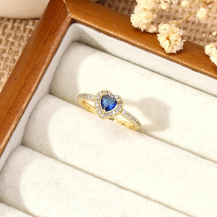 Gold Birthstone Rings for Women Non Tarnish 14k Gold Plated Dainty Heart Rings Adjustable Size Cubic Zirconia Ring Gold Simulated Gemstone Rings Birthday Gifts for Women