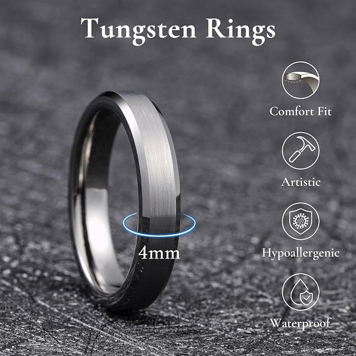 King Will Tungsten Men's Wedding Ring - Available in 6mm to 10mm, Black/Silver, Matte Finish, Beveled Polished Edge, Comfort Fit