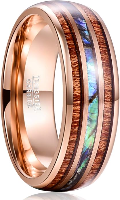 Vakki 6mm/8mm Tungsten Rings for Men Hawaiian Koa Wood Inlay Dome Abalone Shell/Blue Center Wedding Bands Comfort Fit Size 4 to 17