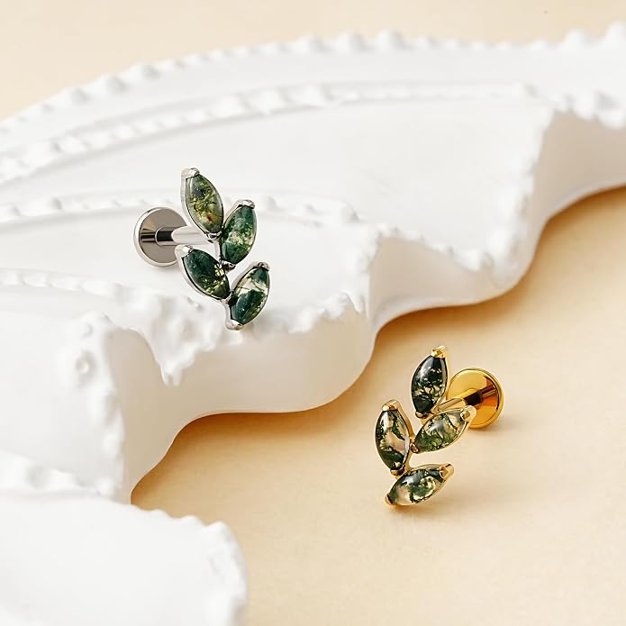 FINE4U 16G Moss Agate Body Piercing Jewelry for Helix Flat Tragus Lobe 16G 6mm 8mm - ASTM F136 Titanium Screw on Flat Back Stud, Hypoallergenic Cartilage Earring
