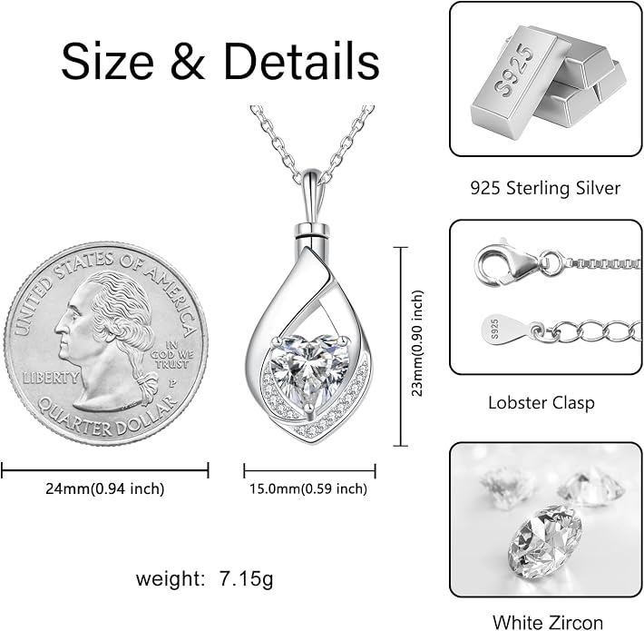 Cremation Jewelry 925 Sterling Silver Teardrop Urn Necklace for Ashes Heart Shape Memorial Keepsake Pendant for Human Ashes for Women Gift