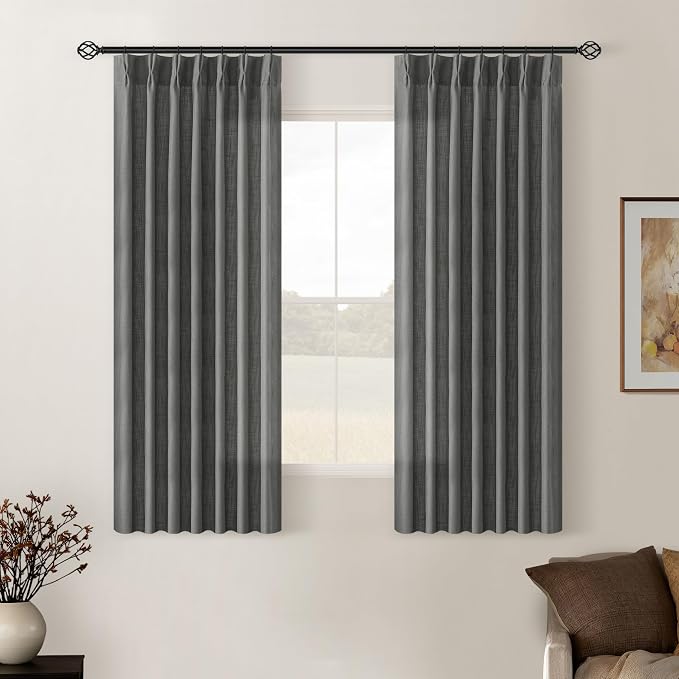Charcoal Grey Pleated Linen Semi Sheer Curtains 45 Inch Length 2 Panels | for Kitchen Small Bay Window Basement, Pinch Pleated with Hooks Rings Back Tab, Memory Shape, Thick Linen Semi Sheer, W40xL45
