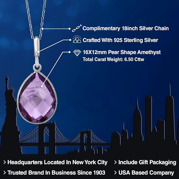 Gem Stone King 6.50 Cttw Amethyst Teardrop Pendant Necklace For Women | 925 Sterling Silver | Pear Shape 16X12MM | Gemstone Birthstone | With 18 Inch Silver Chain