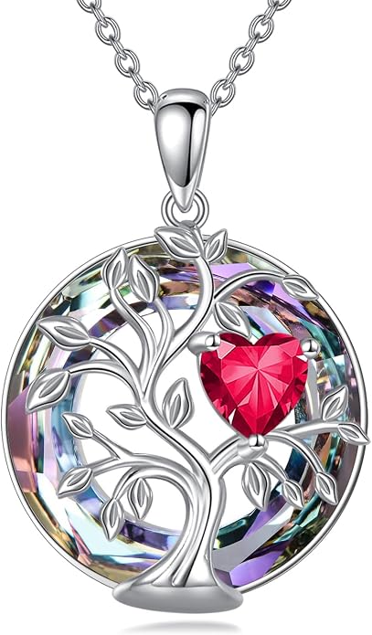 Tree Of Life Birthstone Necklace 925 Sterling Silver Crystal Family Tree Pendant Necklaces Heart Birthstone Jewelry For Women Female Anniversary Birthday Gifts