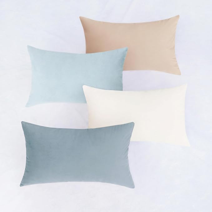MONDAY MOOSE Decorative Throw Pillow Covers Cushion Cases, Set of 4 Soft Velvet Modern Designs, Mix and Match for Home Decor, Pillow Inserts Not Included (12x20 inch, Beige/Light Blue)