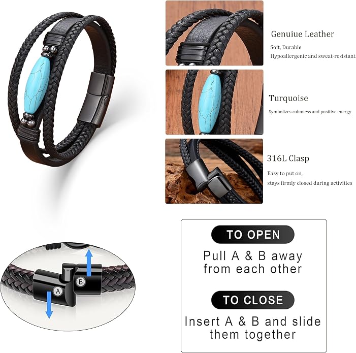 Mens Turquoise/Lapis Lazuli/Tiger Eye/Black Agate/Obsidian Leather Braided Bracelets for Father's Day/Birthdays/Graduation Jewelry Wristband Cuff Bracelet with Stainless Steel Clasp