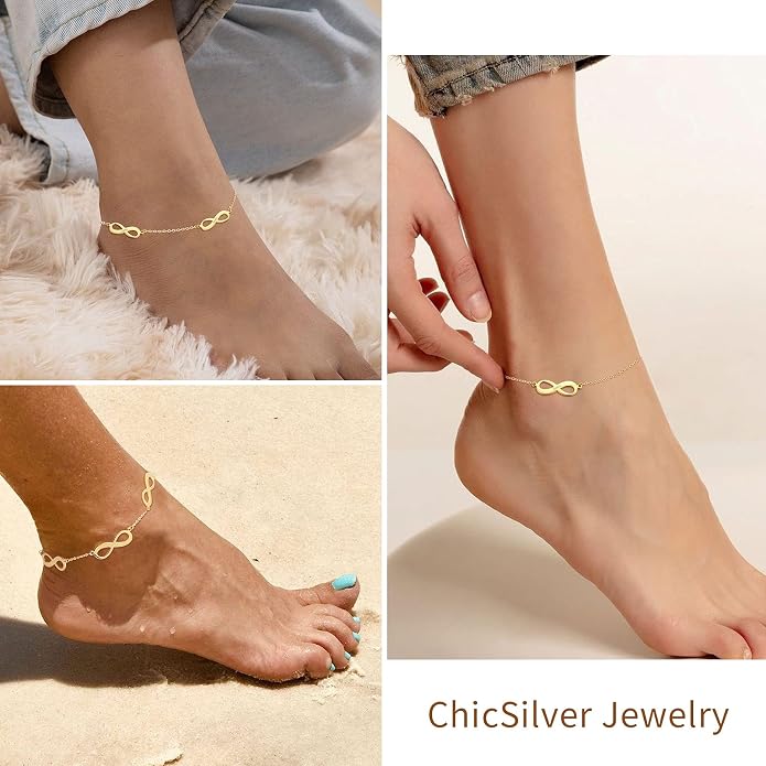 ChicSilver Personalized 925 Sterling Silver Infinity Anklets for Women, Dainty Beach Foot Jewelry (with Gift Box)